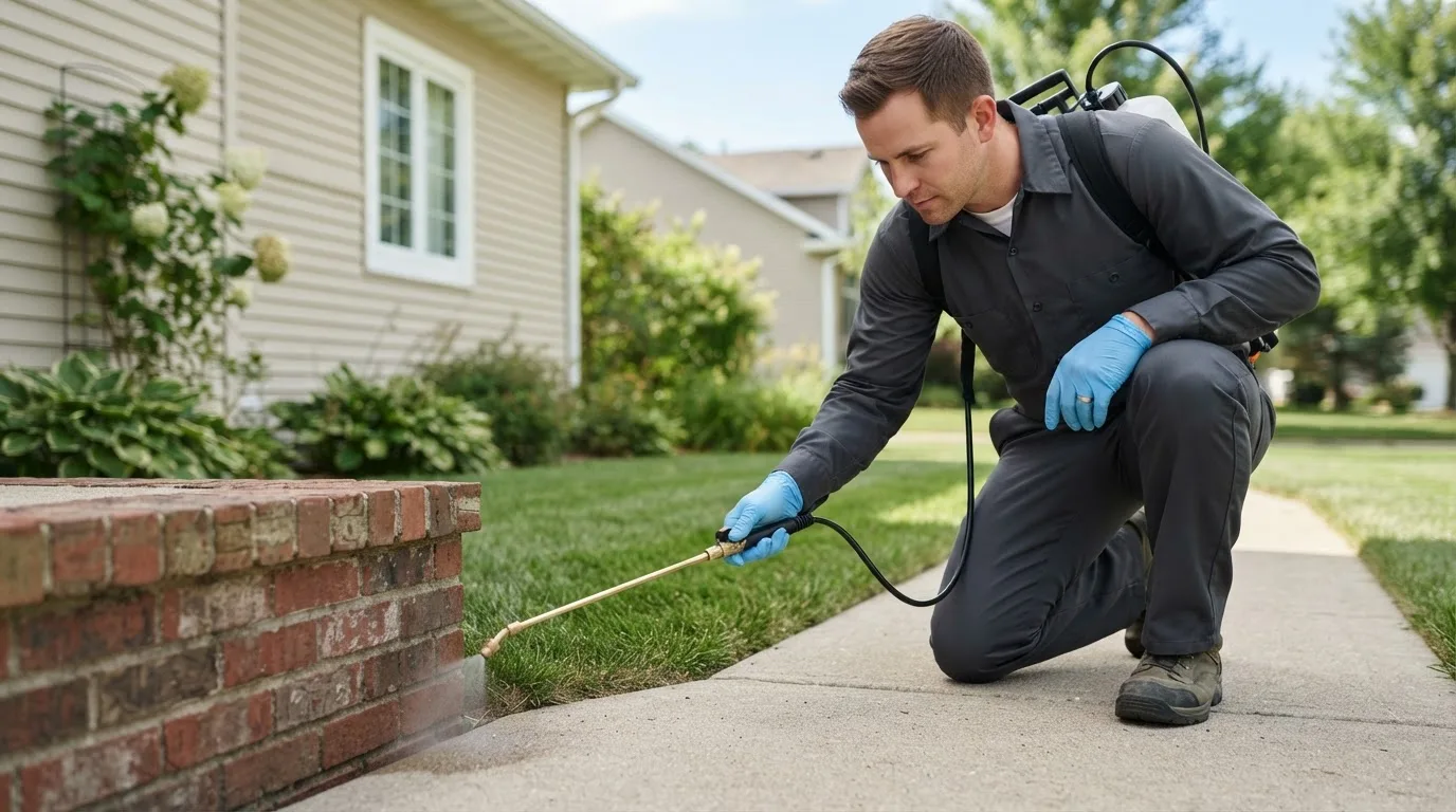 Pest control technician treating a home near Hooppole, IL