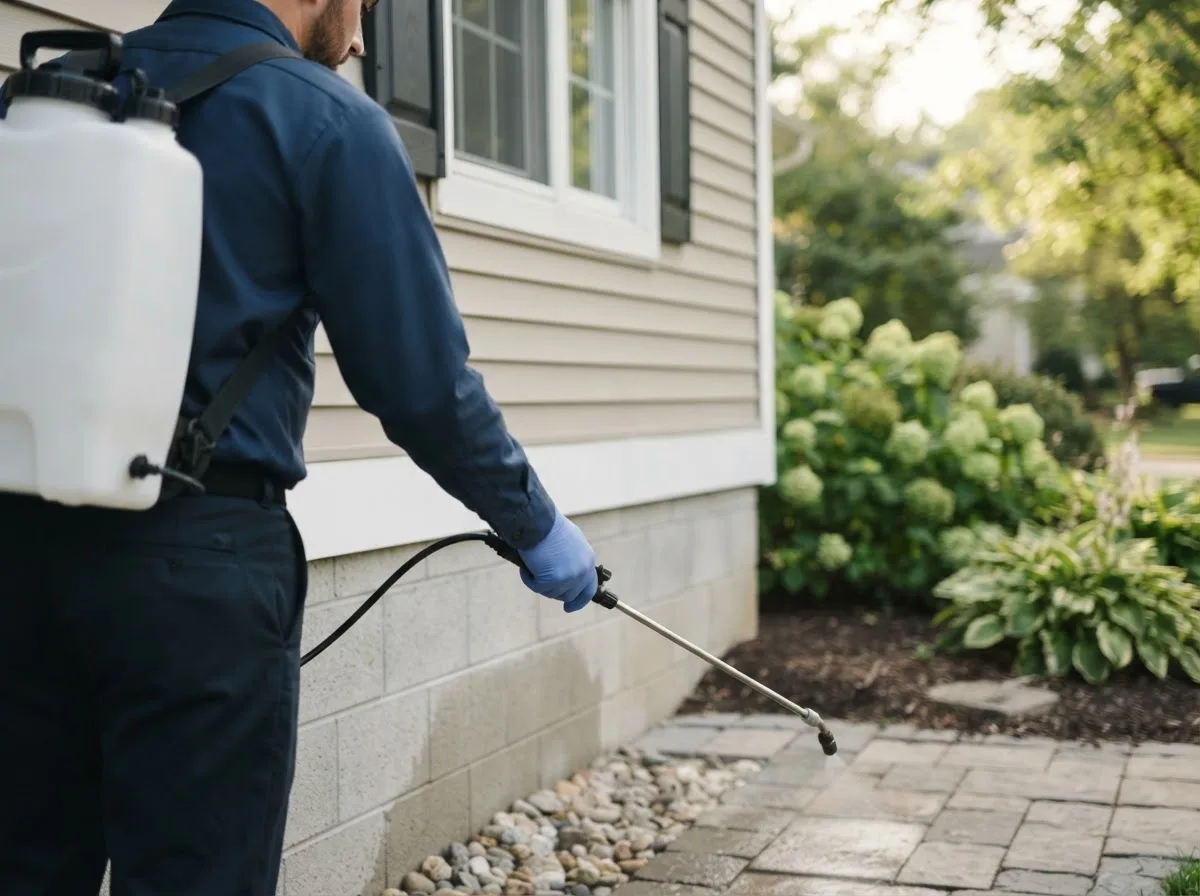 Pest control technician inspecting a home in Hooppole, IL